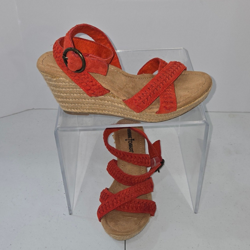Minnetonka Red Suede Braided Espadrille Wedge Sandals Womens Size 7 Strappy Boho